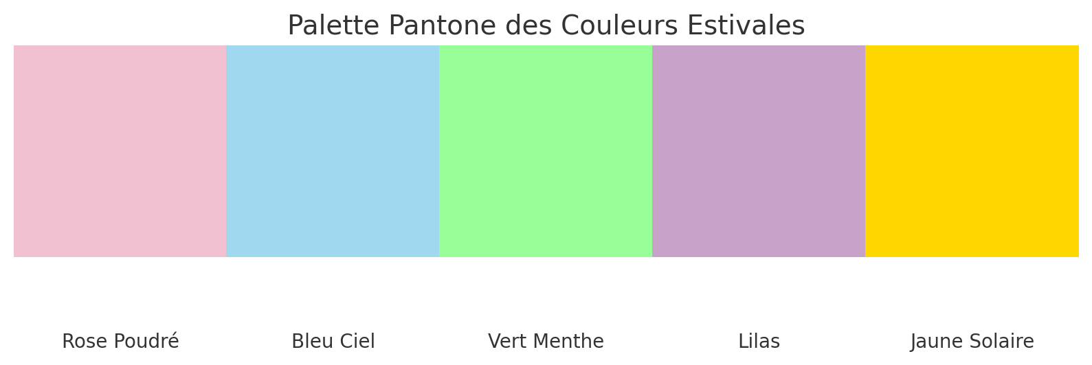 Pantone de couleur estivales: rose, bleu, vert, lila, jaune